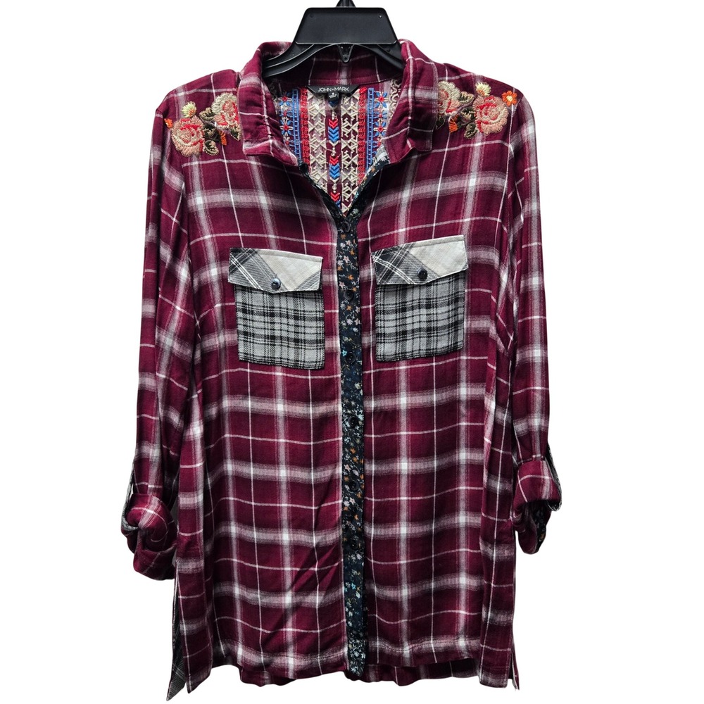 John Mark Womens Burgundy Plaid Floral Embroidered Roll Tab Button Down Shirt S